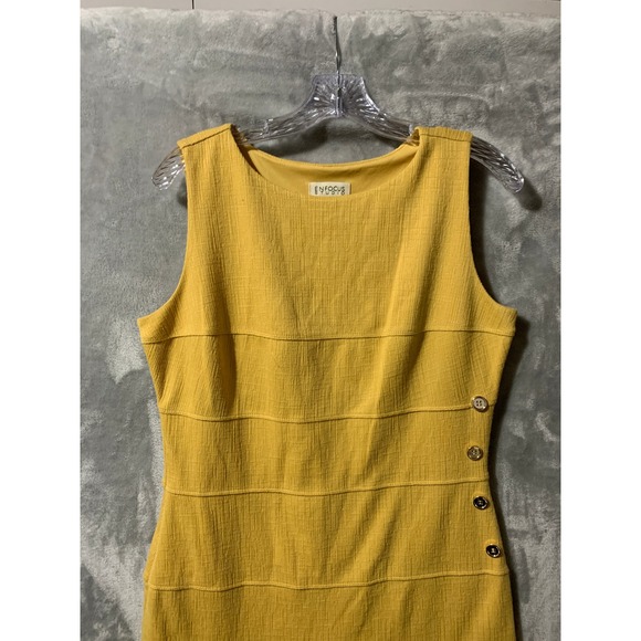 Enfocus Studio Yellow Sleeveless Sheath Dress Size 12 Flared Bottom Gold Buttons - Picture 6 of 15